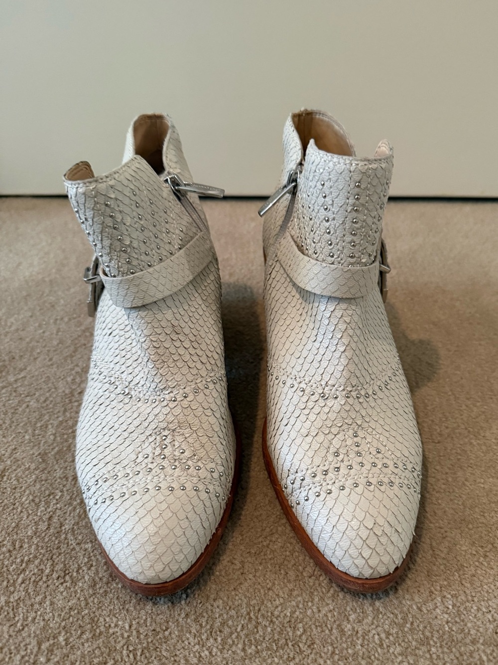Vince Camuto White Textured Snake-Embossed Ankle Boots